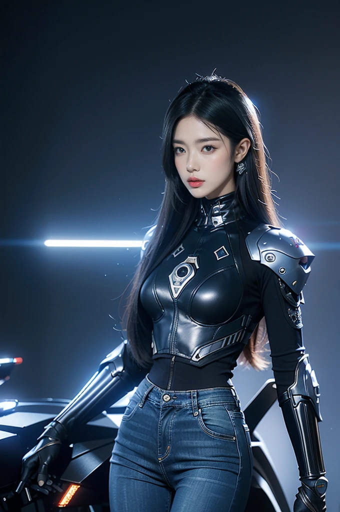 Beautiful female robot warrior from Style-RustMagic, Cyberpunk enhancement, cyberware, Cyborg, carbon fibers, Chrome alloy, Implants, metal skull, Network plate armor, (dark ambiance:1.2), (Foggy sections & smokes), (nigth:1.3), the scars, (Dark medium length messy hair:1.1), (eye shadows:1.1), (Beautifully detailed luminescence:1.2), (电影灯光), Complicated details, A high resolution, Round eyes, detailedfacialfeatures, Focus sharp, smooth private parts, Aesthetic, Detailed dark industrial factory background, Stylish pose, dynamicposes, (drama painting)
