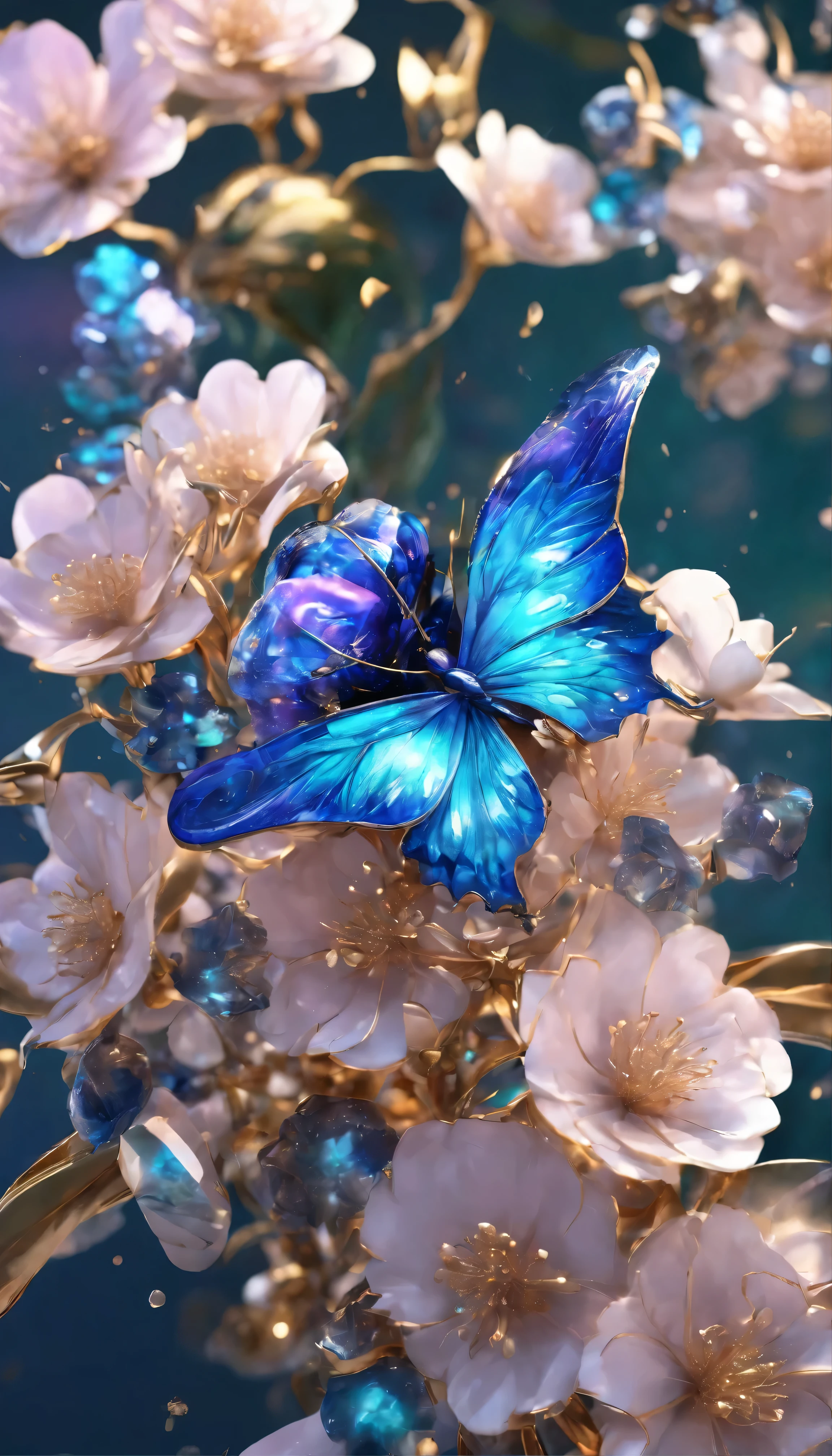The background is blue green.,Moonlight,Everything expressed with jewels., The arrival of spring, several beautiful cherry blossoms
, Beautiful lapis lazuli swallowtail butterfly,angles looking up from below, various jewels falling from the sky, wonderful and beautiful magnificent view, slightly confused, Fantastic, high resolution, 8k, (Best Quality, high resolution, realist:1.37), Shiny metallic flowers, Intricate and delicate petals., reflective surfaces, vibrant colors, intricate details, Close-up view, Jardín surrealist, belleza surrealist, dream atmosphere, Fine art, abstract botanicals, Metal sculpture, contrasting textures, ethereal glow