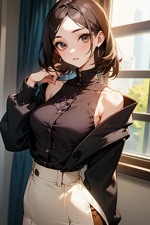 beautiful girl、Office Casual Fashion、black Sleeveless high neck knit、Delicate embroidery、Tight skirt style、slender、Model Body Type、Ideal Style、 Slim and cute、No buttons、Put on a bolero、One off-the-shoulder brown cardigan、skirt