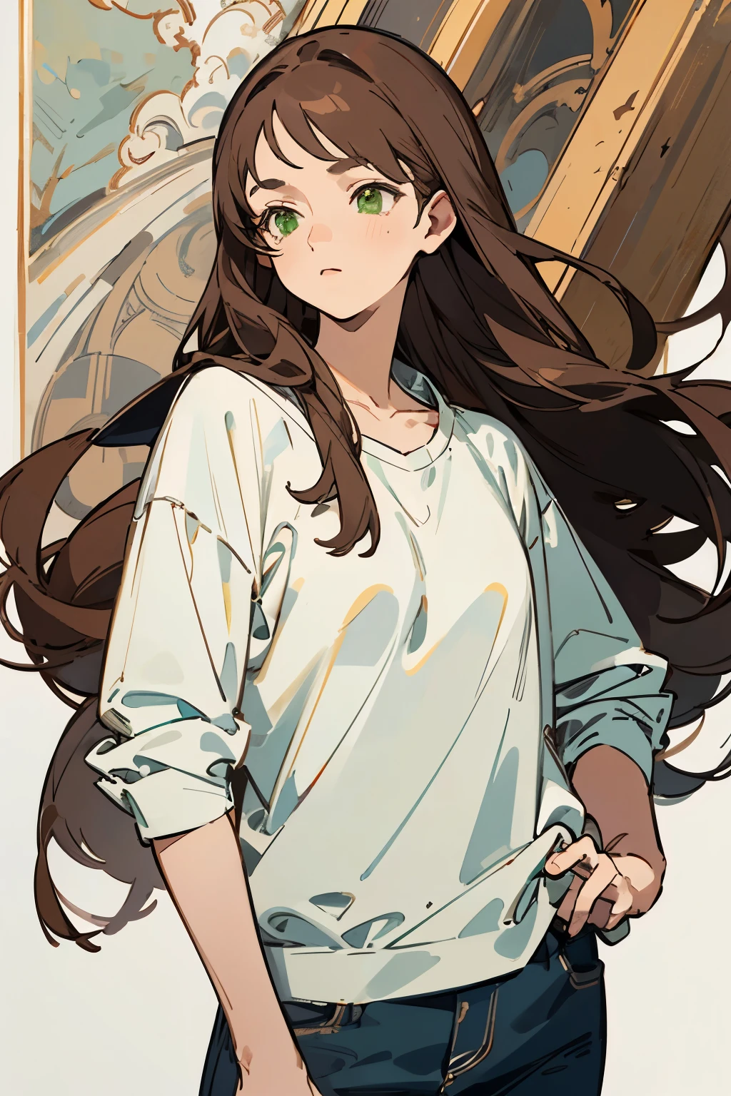 ((Best Quality)), ((Masterpiece)), (detailed),1 -yeld coge student in casual clothes with long brown hair and green eyes