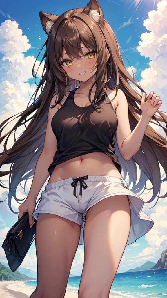 (8K、Highest quality、Highest quality、masterpiece)、Detailed face、One Girl、(Brown Skin:1.2)、Long Hair、Yellow Eyes、Grin、(Black tank top、Spread pussy under shorts、Spread vagina under shorts)、labia view、Beach、cloud、vagina、Spread Vagina、spread pussy、Big Breasts、