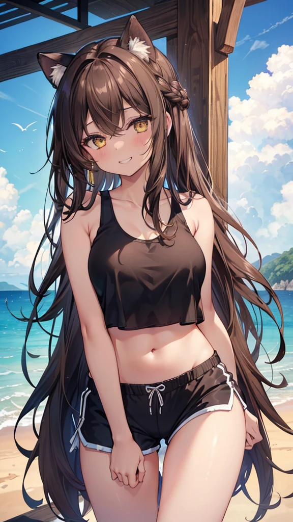 (8K、Highest quality、Highest quality、masterpiece)、Detailed face、One Girl、(Brown Skin:1.2)、Long Hair、Yellow Eyes、Grin、(Black tank top、Spread pussy under shorts、Spread vagina under shorts)、labia view、Beach、cloud、vagina、Spread Vagina、spread pussy、Big Breasts、