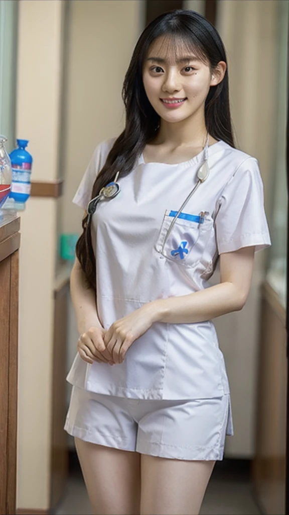 ((irene1)) , Nurse, Thai Nurse sit in hospital, (smile:1), (rim light), long hair, ????????????? ,
detailed beautiful face ,
highly detail face , 
beautiful white shiny humid skin ,