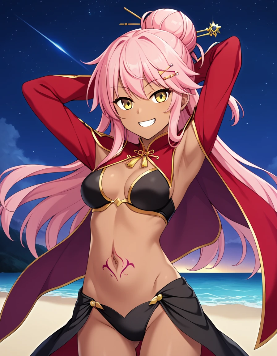 chloebase, pink hair, long hair, hair bun, hairpin, yellow eyes, dark skin, dark-skinned female, long sleeves, stomach tattoo, midriff, waist cape, 1girl, solo
high quality, solo, night sky, beach, arms behind head, contrapposto, closed mouth, spread armpits, (cowboy shot:1.5), looking at viewer, grin, best quality, game cg, anime screencap, official art, masterpiece, best quality
