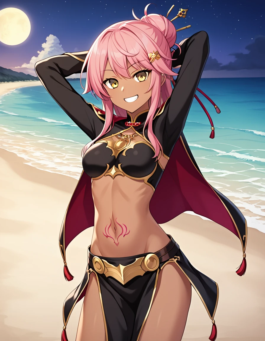 chloebase, pink hair, long hair, hair bun, hairpin, yellow eyes, dark skin, dark-skinned female, long sleeves, stomach tattoo, midriff, waist cape, 1girl, solo
high quality, solo, night sky, beach, arms behind head, contrapposto, closed mouth, spread armpits, (cowboy shot:1.5), looking at viewer, grin, best quality, game cg, anime screencap, official art, masterpiece, best quality
