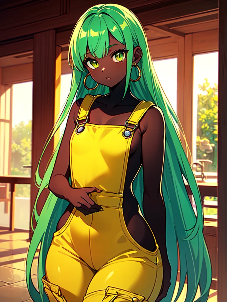 masterpiece, best quality,1girl, ((young girl)), ((large round magical green eyes)), shiny skin, (thin waist), (long curlly green hair), ((curvy)), ((wide hips)), ((hoop earrings)), ((small size)) , ((( yellow overalls))), hot, soft natural lighting, reflections, bright illuminations, deep dark black skin, ((yellow outfit))