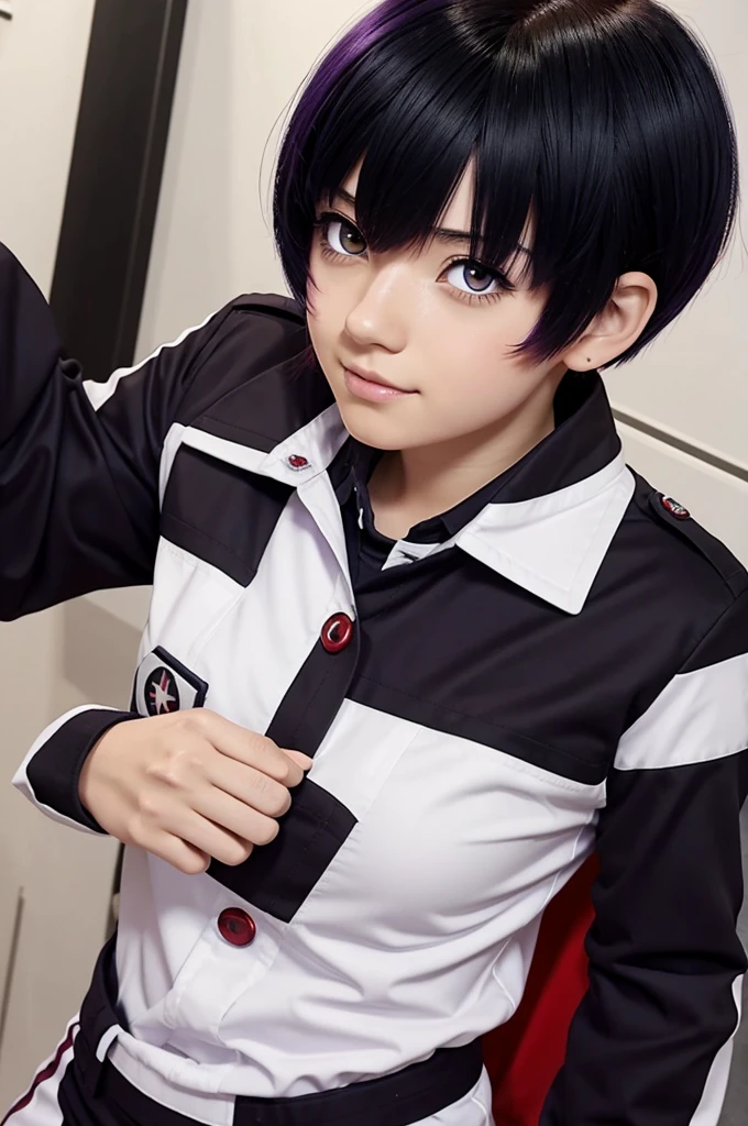 Screenshot of my hero academia girl with black hair with red tips and bangs wearing uniform short loose hair with purple eyes wearing anime style my hero academia uniform