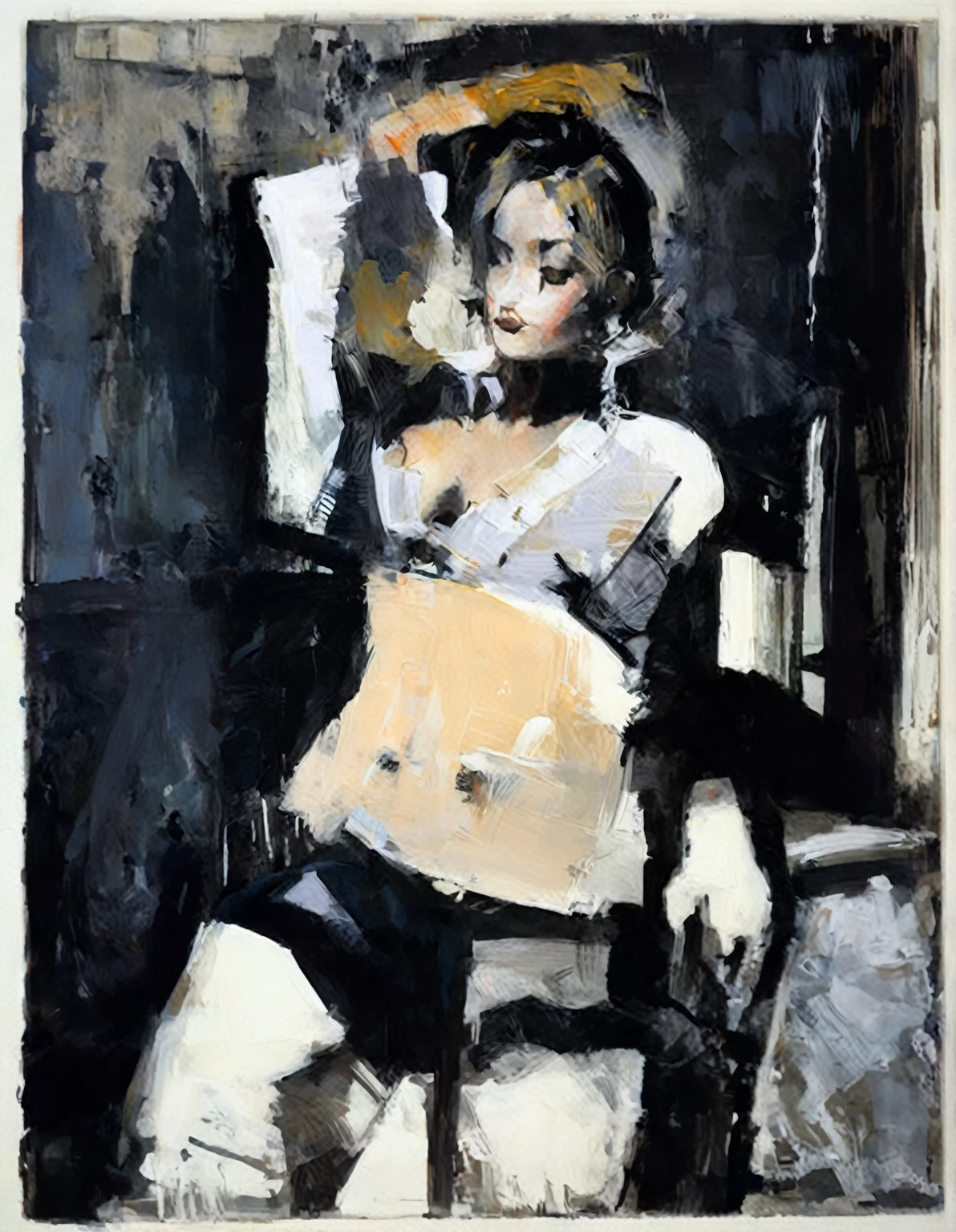 painting of a woman in a black and white outfit sitting on a chair, inspired by ashley wood, ashley wood style, by ashley wood, style by Adrian Ghenie, Marlene Dumas, ashley wood illustration, by Larry Rivers, by Sándor Bortnyik, inspired by George Hendrik Breitner, pintura de una mujer