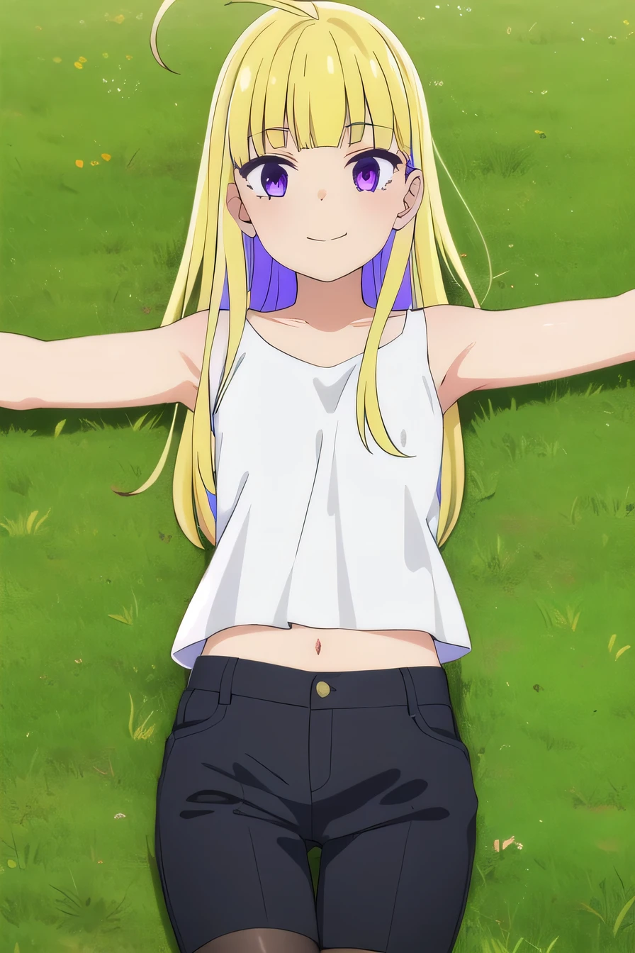 reimiitsushiro, long hair, bangs, blonde hair, (purple eyes:1.1), purple hair, ahoge, multicolored hair, blunt bangs, two-tone hair, smile,
BREAK black shorts, white undershirt , pantyhose, sleeveless, high quality, solo, lying, on back, arms up, spread arms, closed mouth, on grass, (cowboy shot:1.5), looking at viewer, smile, best quality
BREAK (masterpiece:1.2), best quality, high resolution, unity 8k wallpaper, (illustration:0.8), (beautiful detailed eyes:1.6), extremely detailed face, perfect lighting, extremely detailed CG, (perfect hands, perfect ),