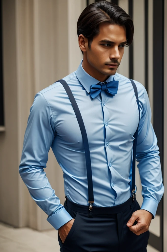 A man with a light blue long-sleeved shirt, black dress pants and blue suspenders, with bow on the blue collar