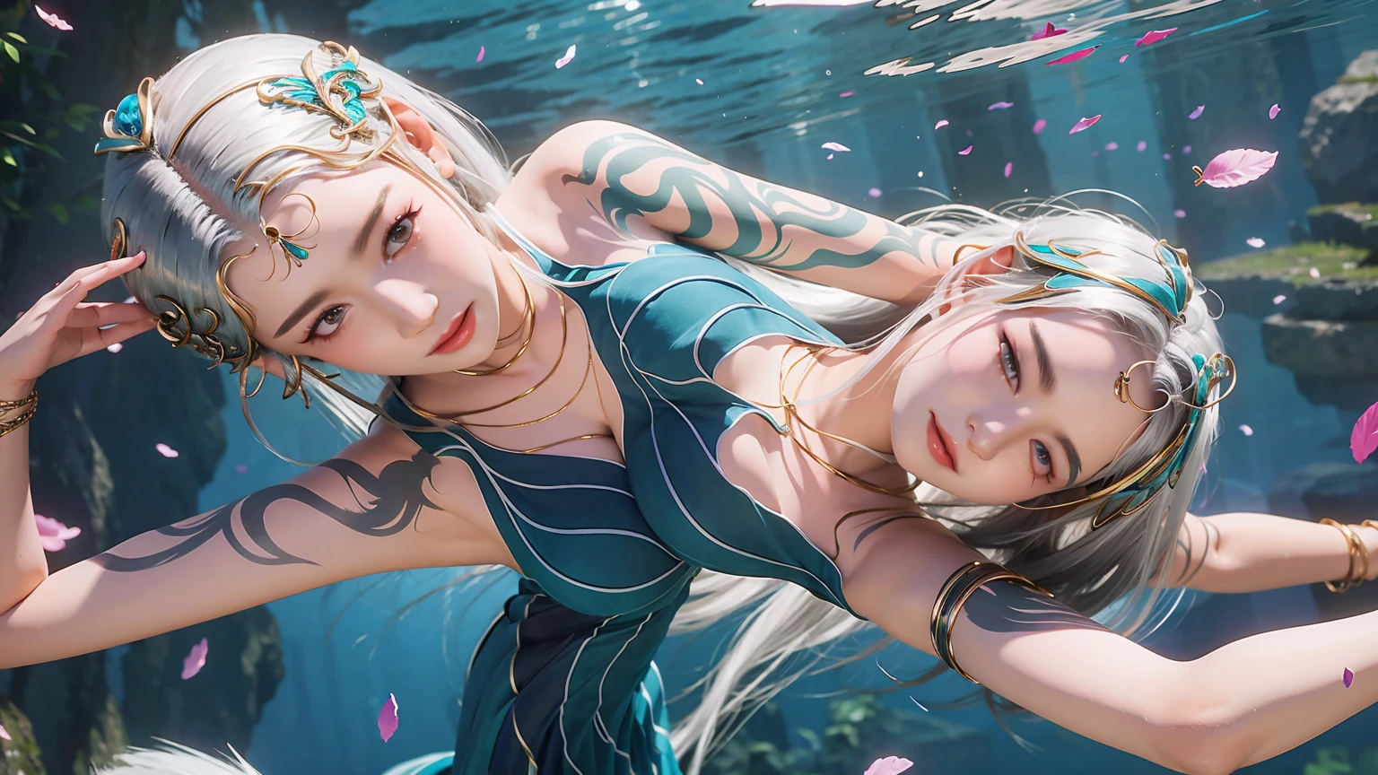 girl,girl在水上下, diving, I have a perfect face, Eye, income, diving,Underwater深处,Underwater,break in,Ton de Aso cage overall, hair,Smooth thighs,精緻的五官和美麗的Eye bodyesbian,while lying down,Smooth thighs,Lace Skirt,dress,White hair,Turquoise clothes,barefoot,Turquoise nails,whole body