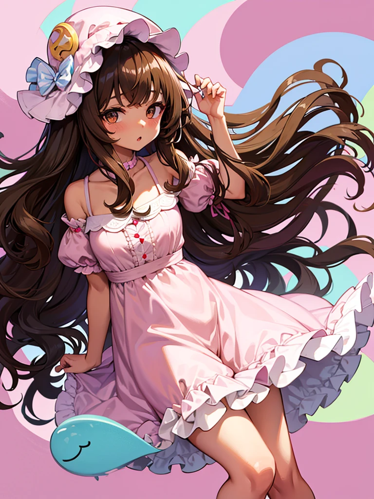 Anime girl, thick, long curly brown hair with bangs, brown eyes, pastel coquette aesthetic