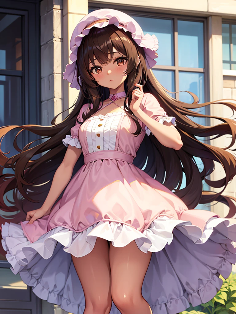 Anime girl, brown skin, thick, long curly brown hair with bangs, brown eyes, pastel coquette dress aesthetic
