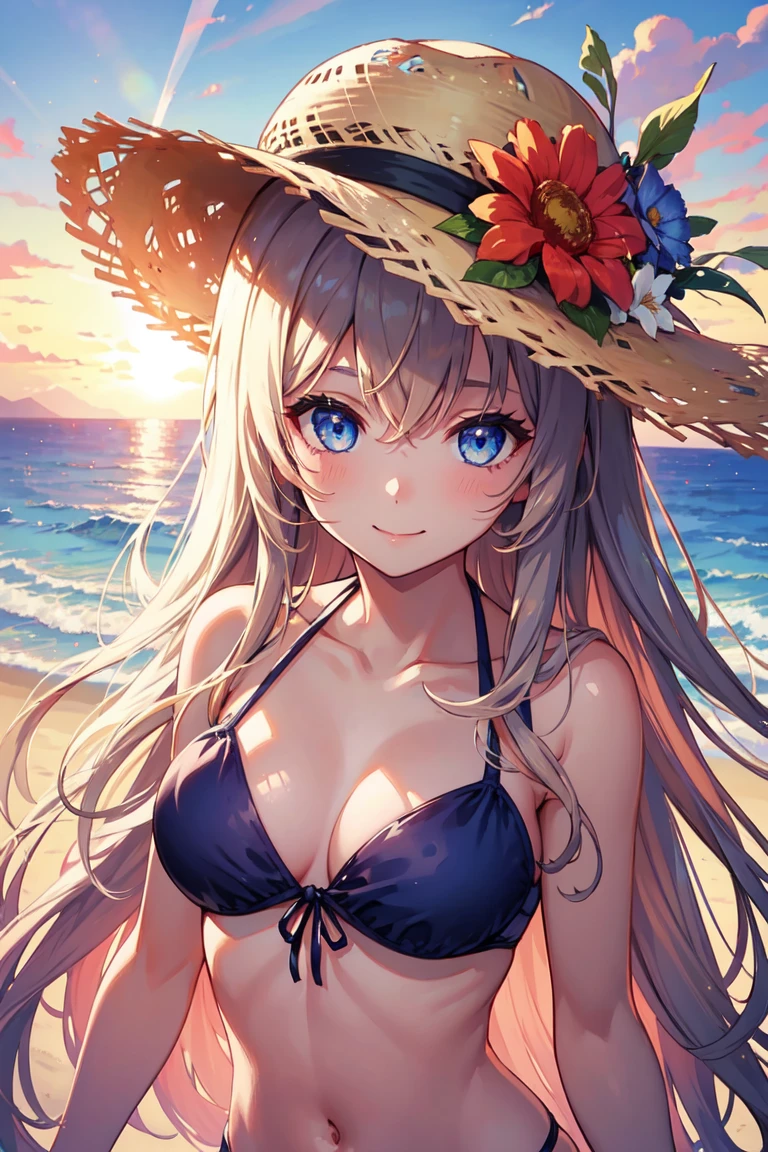 One girl, long tied brunette hair, smile, blue eyes, Wink, View your viewers, Wearing a bikini, flower straw hat, (Beach), (sunset), evening, masterpiece, 8K, Perfect lighting, The perfect outfit, Perfect Anatomy, Perfect Eyes, Perfect Face, Sharp resolution, (Face close-up)
