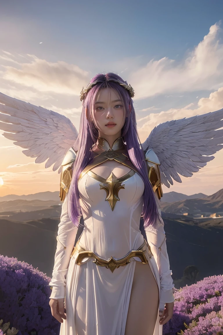 ((masterpiece, best quality, extremely detailed), volumetric lighting, ambient occlusion, colorful, glowing), 
1girl, solo, young girl, (purple hair), long hair, halo, aura, sacred, goddess, cleric suit with gold detailst:1.3), angel wings,
outdoors, sunset, sky, clouds, space, (fantasy theme:1.2),