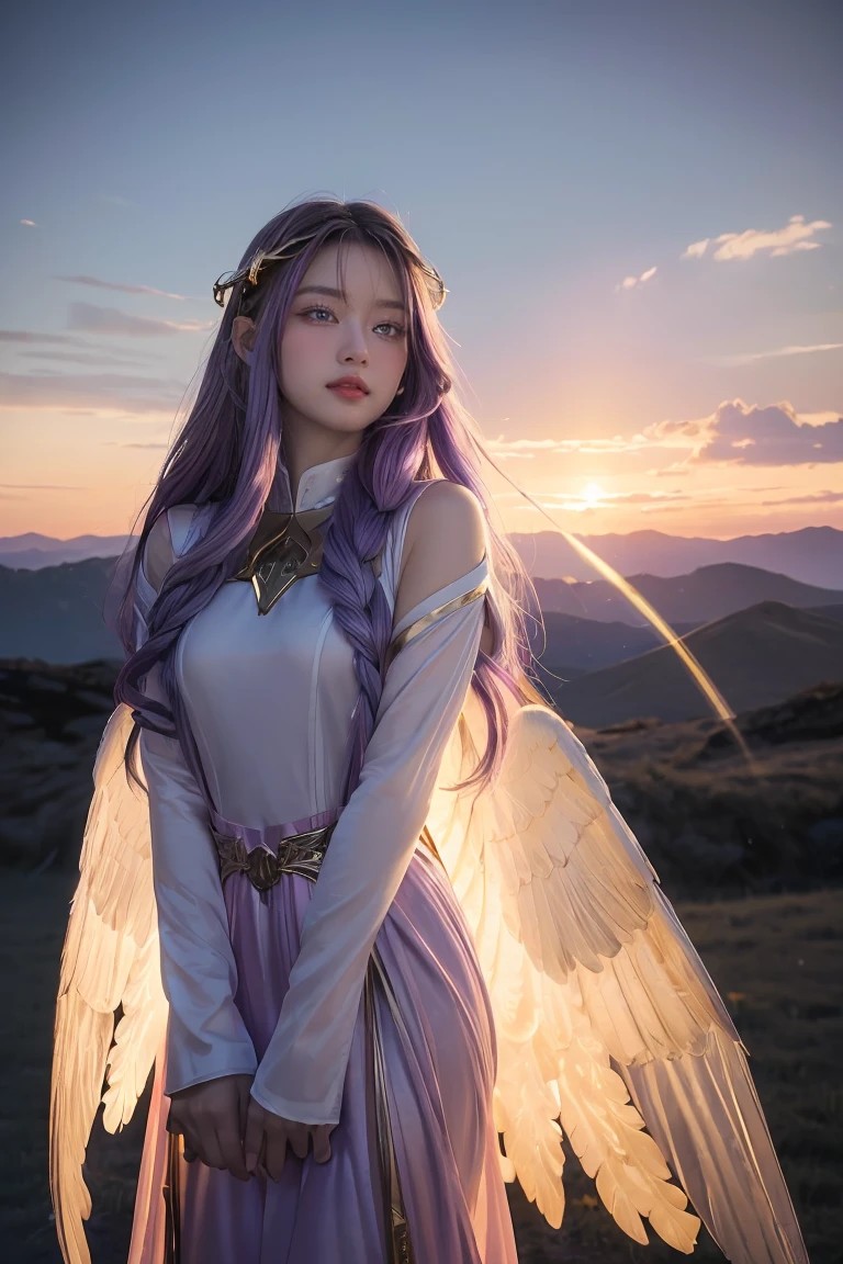 ((masterpiece, best quality, extremely detailed), volumetric lighting, ambient occlusion, colorful, glowing), 
1girl, solo, young girl, (purple hair), long hair, halo, aura, sacred, goddess, cleric suit with gold detailst:1.3), angel wings,
outdoors, sunset, sky, clouds, space, (fantasy theme:1.2),