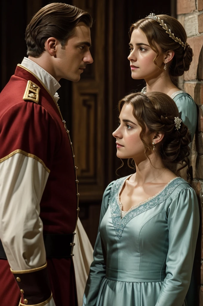 "Viola as Cesario looking wistfully at Duke Orsino, who is obliviously looking at Olivia's portrait, love triangle dynamic depicted."