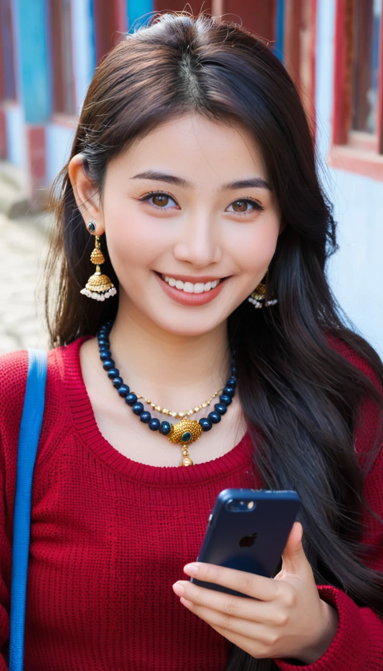 Beautiful and delicate light, (beautiful and delicate eyes), pale skin, big smile, brown eyes, black brown long hair, front shot, Nepali girl showing her mobile phone, soft expression, height 170, elegance, bright smile, 8k art photo, realistic, portrait, necklace, small earrings, iphone, jewelry, shyness, red sweater, dark blue jeans, Kathmandu road, She is a Japanese idol girl
