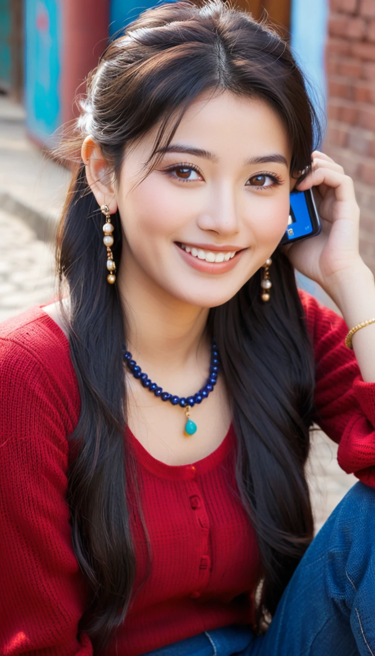 Beautiful and delicate light, (beautiful and delicate eyes), pale skin, big smile, brown eyes, black brown long hair, front shot, Nepali girl showing her mobile phone, soft expression, height 170, elegance, bright smile, 8k art photo, realistic, portrait, necklace, small earrings, iphone, jewelry, shyness, red sweater, dark blue jeans, Kathmandu road, She is a Japanese idol girl