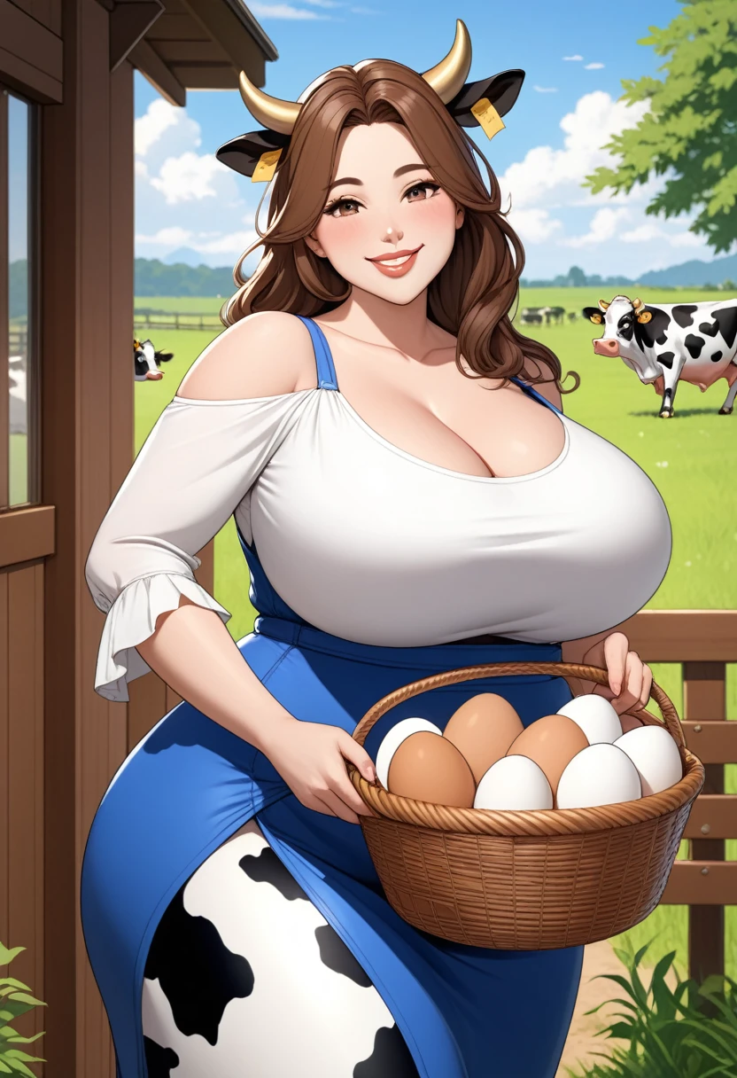 Masterpiece, hi res, absurdres, Best Quality, 4K, 8K, detailed, Mature female, huge breasts , curvy, Big ass, sligtly chubby,tall,Brown hair,cow horns,cow ears,cow tail, smiling, prominent lips, holding a basket full of eggs 