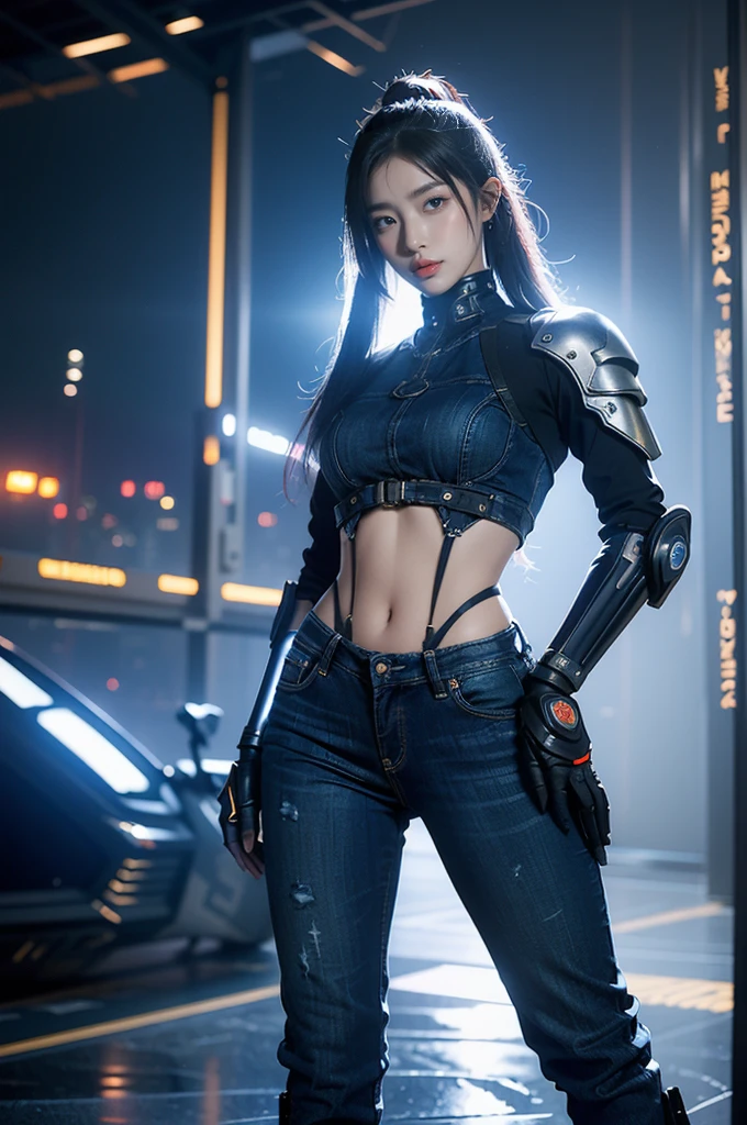 Game Art,Best image quality,Maximum resolution,8K,((A bust photo)),((portrait)),(Rule of Thirds),Unreal Engine 5 rendering works, (Future girl),(Female Warrior), 22-year-old young hacker),(Oriental hairstyle),(Beautiful eyes full of details),(Large Breasts),(Eyeshadow),Elegant and charming,indifferent,((frown)),(Combat uniforms full of futuristic technology,The costume combines futuristic power armor with tight dark blue denim trousers,Clothing is decorated with glittering patterns and emblems),Cyberpunk Characters,in the style of futuristic, Photo poses,City background,lamp,Ray Tracing,Game CG,((3D Unreal Engine)),OC rendering reflection mode