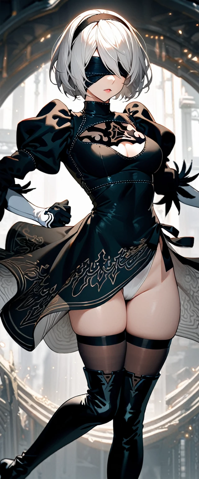 1girl,(2b \(nier:automata\)), solo,black dress,two-sided skirt, high thigh boots,white gloves,black hands,white hair,blindfold,black hairband,intricate details,perfect anatomy,best quality,