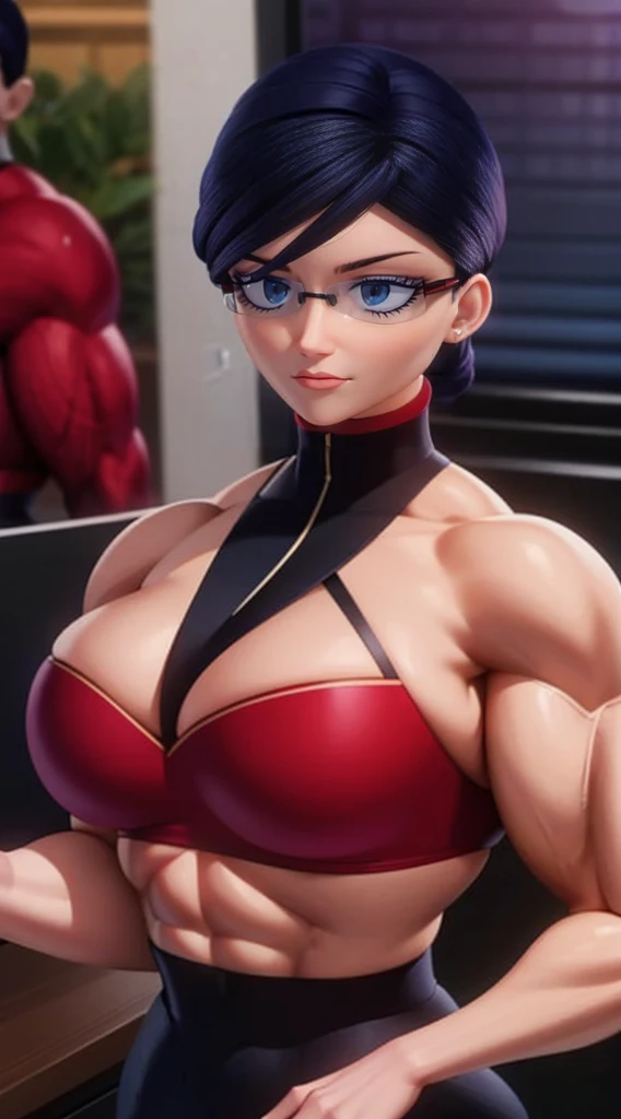 a muscular female bodybuilder in red bra inside office suit and ((her hair is dark blue and red-gradient from end to the right side of head)), detailed face, beautiful detailed eyes, beautiful detailed lips, extremely detailed face and muscles, long eyelashes, strong muscles bulging through suit, dynamic pose, professional studio lighting, hyperrealistic, 8k, high quality, photorealistic, physically-based rendering, concept art, dramatic color palette,((abs)).