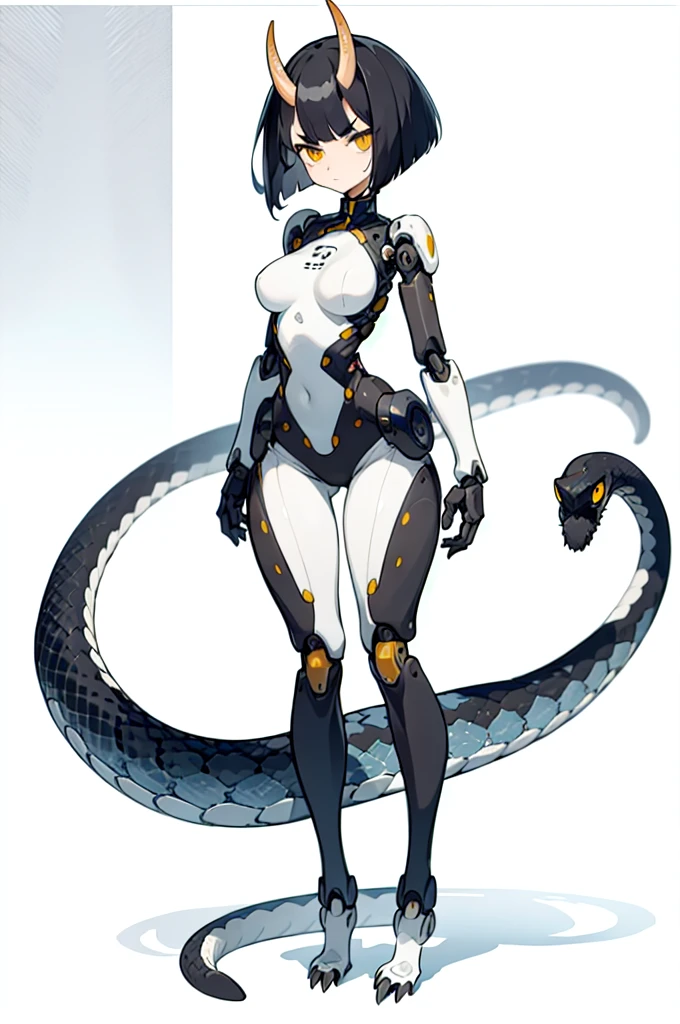 (finely best quality illustration:1.1), (1girl, solo:1.1), (black short hair:1.1), (masterpiece, ultra high quality), (standing), (full body), (1girl), (solo), (female focus), (Singular, large horn), (half human/half snake hybrid human), furry, (Messy bob-cut with sharp bangs), (bangs covering eyes), (big eyebrows), (angry eyes), (long tailbone at rear) (Cute anime snake eyes), (limbless female body with mechanical limbs attached)
