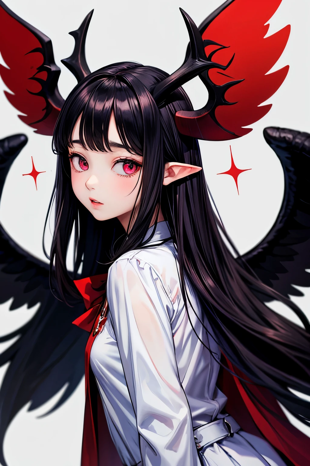 1 girl, ung boy, antlers, schoolar uniform, pointy ears, wings, aretes, seraphim, jewerly, White background, trunk, Eyes red, demon wings, demon antlers, demon boy, simple background, back to back, pink eyes, parted lips, black seraphim, chestnut hair, demon girl, Bblack hair, gazing at viewer, long hair, gakuran