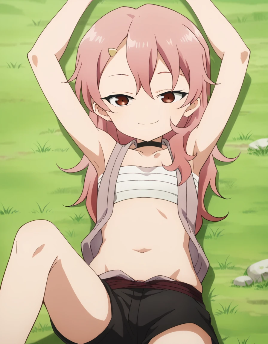 benisumomo, anime coloring ,BREAK source_anime, anime, long hair, hair ornament, red eyes, navel, pink hair, choker, hairclip, flat chest, black choker, sarashi, chest sarashi, black shorts, high quality, solo, lying, on back, arms up, spread arms, closed mouth, on grass, center, (cowboy shot:1.5), looking at viewer, suggestive smile, best quality
