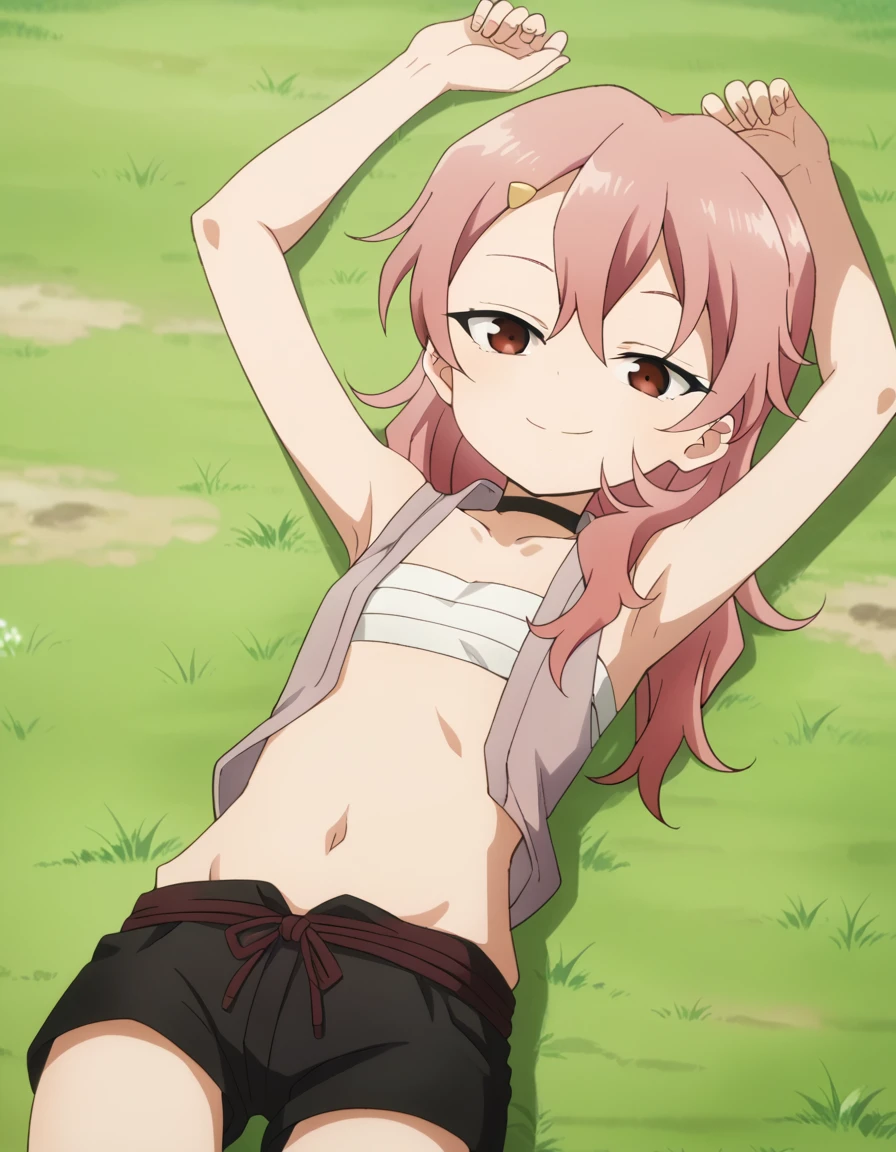 benisumomo, anime coloring ,BREAK source_anime, anime, long hair, hair ornament, red eyes, navel, pink hair, choker, hairclip, flat chest, black choker, sarashi, chest sarashi, black shorts, high quality, solo, lying, on back, arms up, spread arms, closed mouth, on grass, center, (cowboy shot:1.5), looking at viewer, suggestive smile, best quality