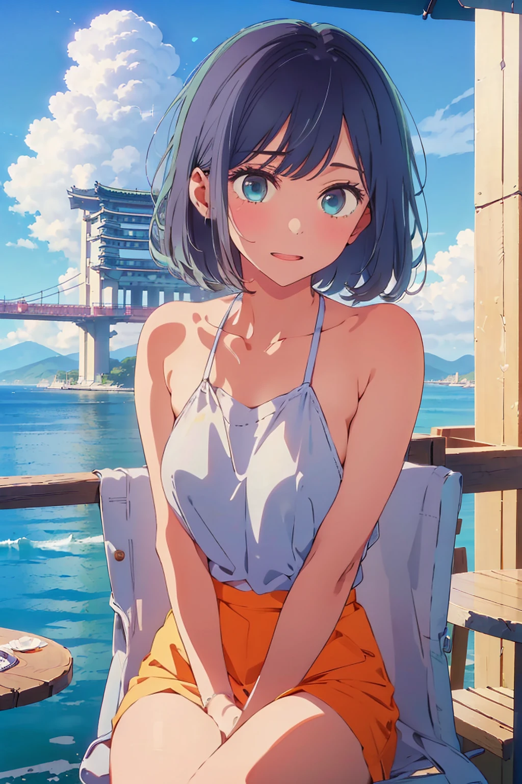 (Highest quality:1.4、8K:1.4、detailed)、F cup bust、Big Breasts、Slim body、Very white beautiful skin、((((1 person、Surprised expression、sit、Chair、In the background are the urban buildings of Tokyo、looking at the camera、Outdoor café terrace、Navy hair color、juice、Shooting up close、Shooting from an angle、table、Very cute face))))、((((nude、Areola))))、(Touching cheeks with both hands pose:1.4、Cheek resting on hand:1.4)、Off-the-shoulder zip-up jacket、Very blue sky、A completely cloudless sky