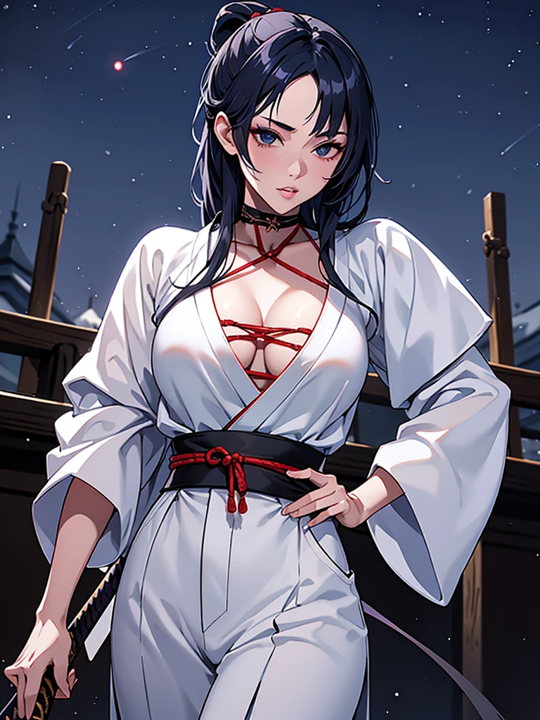 a female samurai, beautiful detailed eyes, beautiful detailed lips, extremely detailed face, long eyelashes, (katana sword on hip:1.2),hyper realistic lighting,(super detailed:1.3),((best quality:1.2)),((masterpiece:1.2)),female focus,lonely beauty,detailed face,detailed lips,(nighttime:1.6),(standing in a medieval europe castletown),(eclipse),cowboy shot,cleavage,((shibari across bare breasts:1.125)),topknot,muted dark blue hair,white samurai kimono,black samurai (pants):1.1