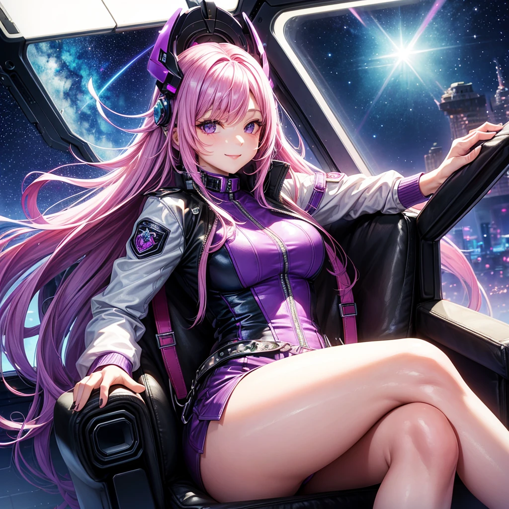 A young sexy woman with long purple hair and sexy clothes sits in a spaceship seat、A beautiful starry sky can be seen from the window.。smile,leather jacket,Future Fashion,Angel Girl,Pink Hair,Horny girl,High-dimensional beautiful girl,Multidimensional beautiful girl,colorful hair colors