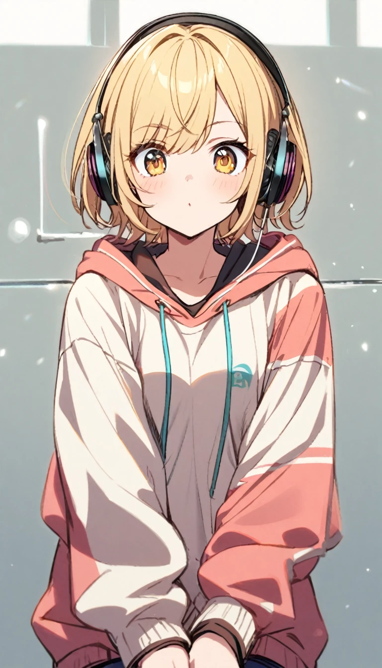 1girl, blond hair, short hair, headphone, hoodie