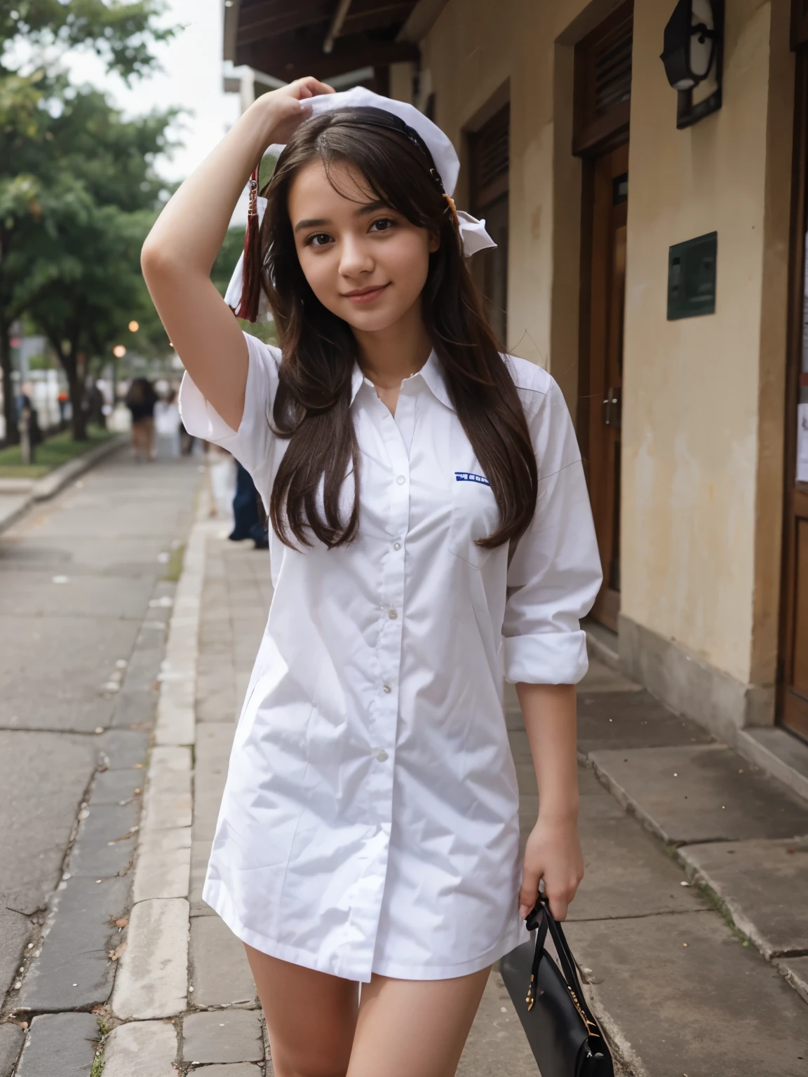 an anime of a 13 or 14 year old girl who has a white dress , el vestido que tapa sus hombro de mangas cortas en la parte de coello es en v con 2 rayas azul marino, la chica es de 1,6 piel blanca, ojos color cafe, pelo negro, cara entre redonda y alargada, peinado sin serquillo
