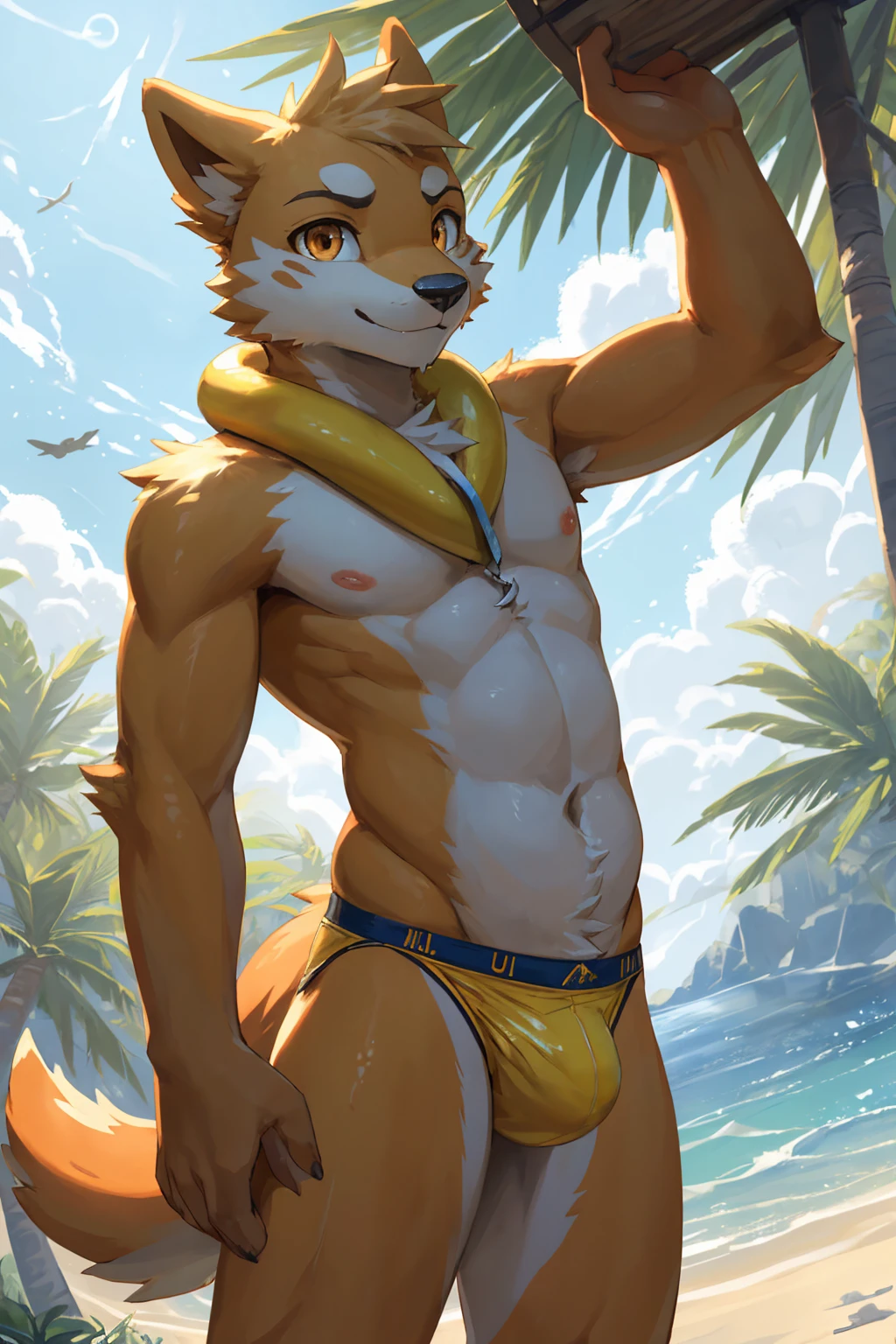 (Maximum fineness,Dynamic HDR,8K) ,shota,outdoor,Happy,cute,ager,Buizel Pokemon,(lower camera angle, dramatic pose, looking down at viewer), (masterpiece,high quality), solo,furry,mature male,male focus, (by waspsalad:1.1), by photonoko, by sallyhot, by skygracer:0.4, solo, (anthro,mature male boy Buizel Pokemon,(chibi:0.3), ((beige fur)), amber eyes), tropical island, (wearing tight blue speedo, crotch bulge), male pubic hair