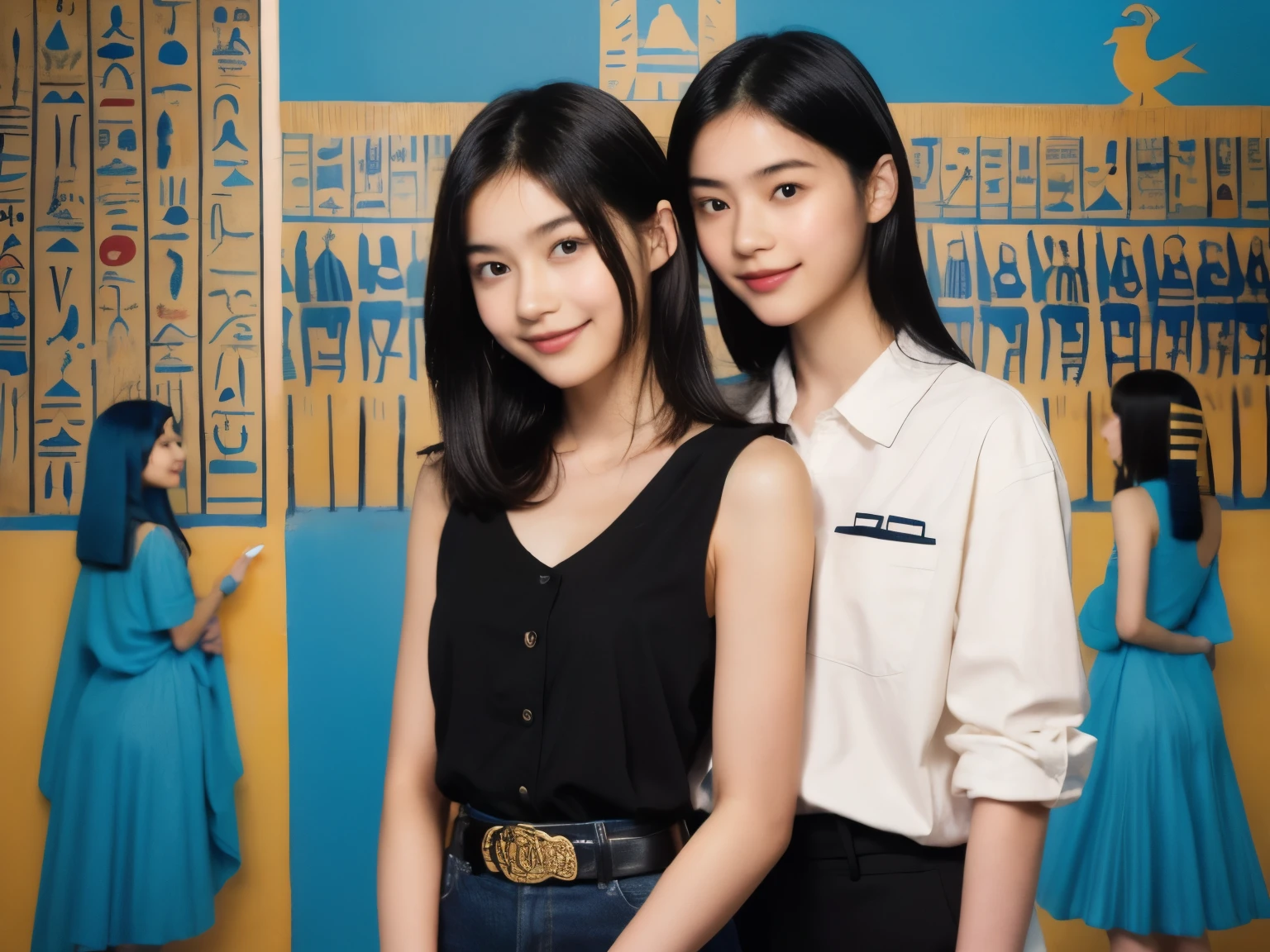 246 (In the mural２people々々々々々々々々々々々々々々々々), (An 18-year-old female and an 18-year-old male), short hair,kind, lipstick, Egyptian civilization, Waist belt, Hieroglyphics, smile