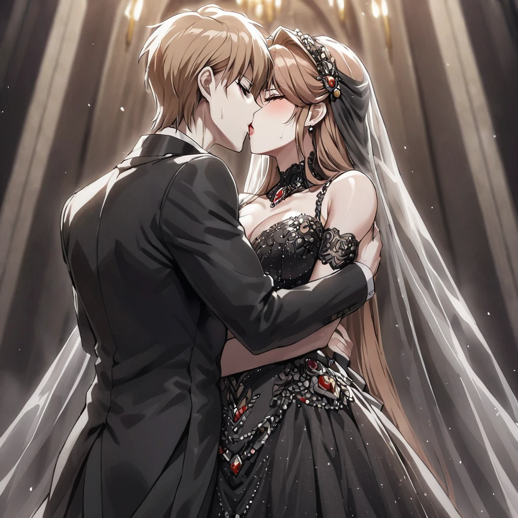 ((Highest quality)), ((masterpiece)), (detailed), （Perfect Face）、The woman was Princess Leona, with medium-long light brown hair, and was wearing a luxurious bridal outfit consisting of a lavishly jeweled black wedding dress, a gorgeous black wedding veil, and gorgeous jeweled accessories.、The woman is married to the dignified Count Dracula, who embraces her and kisses her in oath.