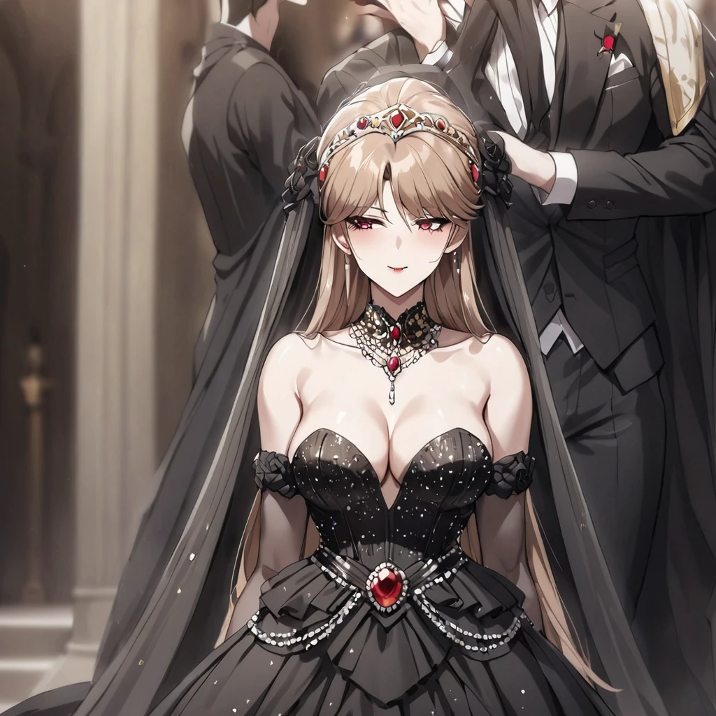 ((Highest quality)), ((masterpiece)), (detailed), （Perfect Face）、The woman was Princess Leona, with medium-long light brown hair, and was wearing a luxurious bridal outfit consisting of a lavishly jeweled black wedding dress, a gorgeous black wedding veil, and gorgeous jeweled accessories.、The woman is married to the dignified Count Dracula, who embraces her and kisses her in oath.