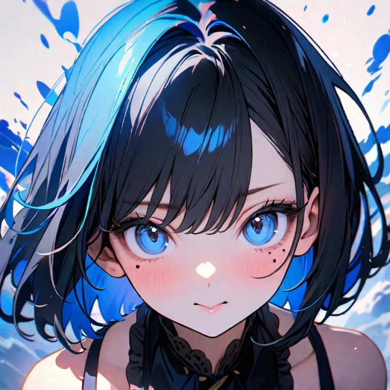(8K,4K,best quality, master piece: 1.2), super high resolution,1 Beautiful woman,16yo,ultra-detailed face, detailed eyes,blue eyes,mascara,blue eyes,(mole under eye),:>,frilled camisole,(black hair, blue dip-dye hair),bob cut,looking at viewer,ポートレート,blue splash background