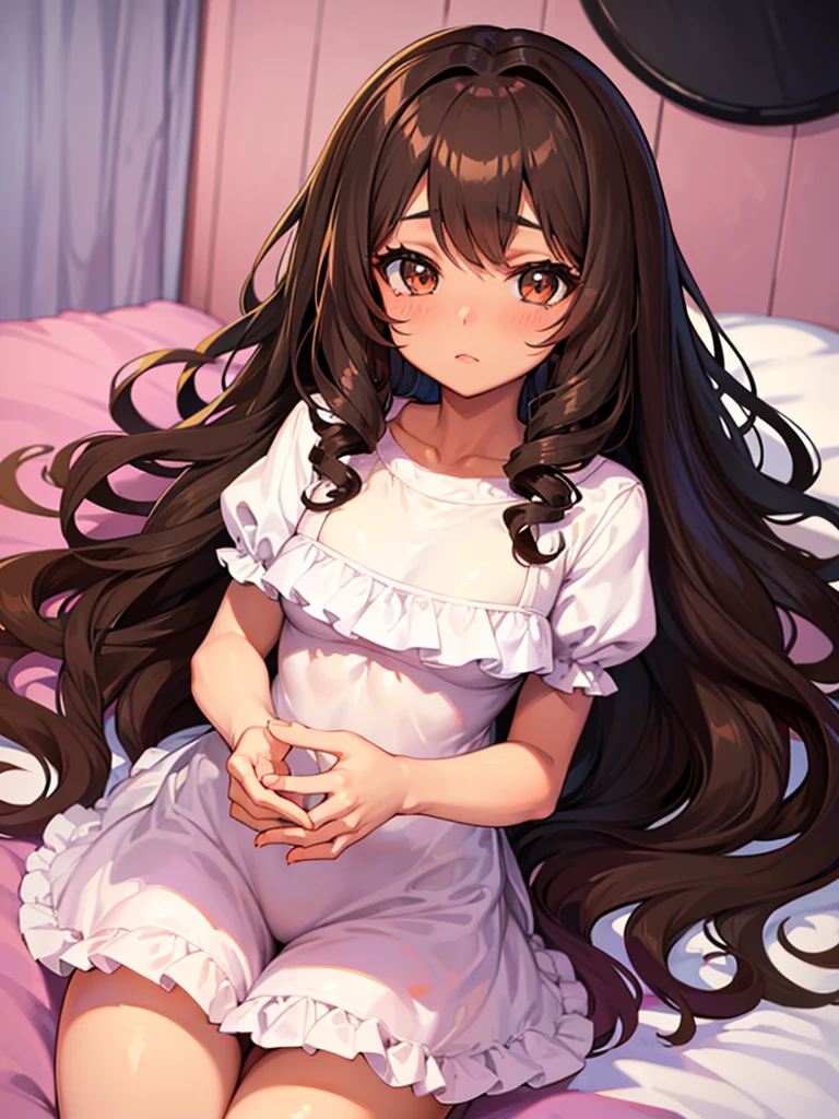 Anime girl, brown skin, thick, long curly brown hair with bangs, brown eyes, pastel coquette aesthetic