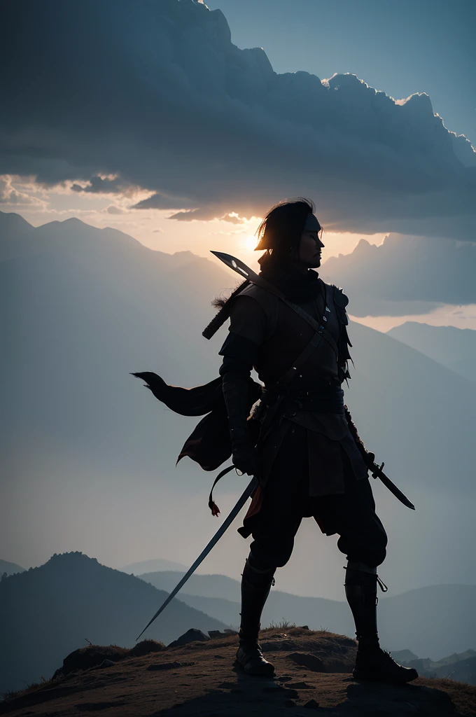 The shadow of a warrior on his back, carrying a sword on a mountain