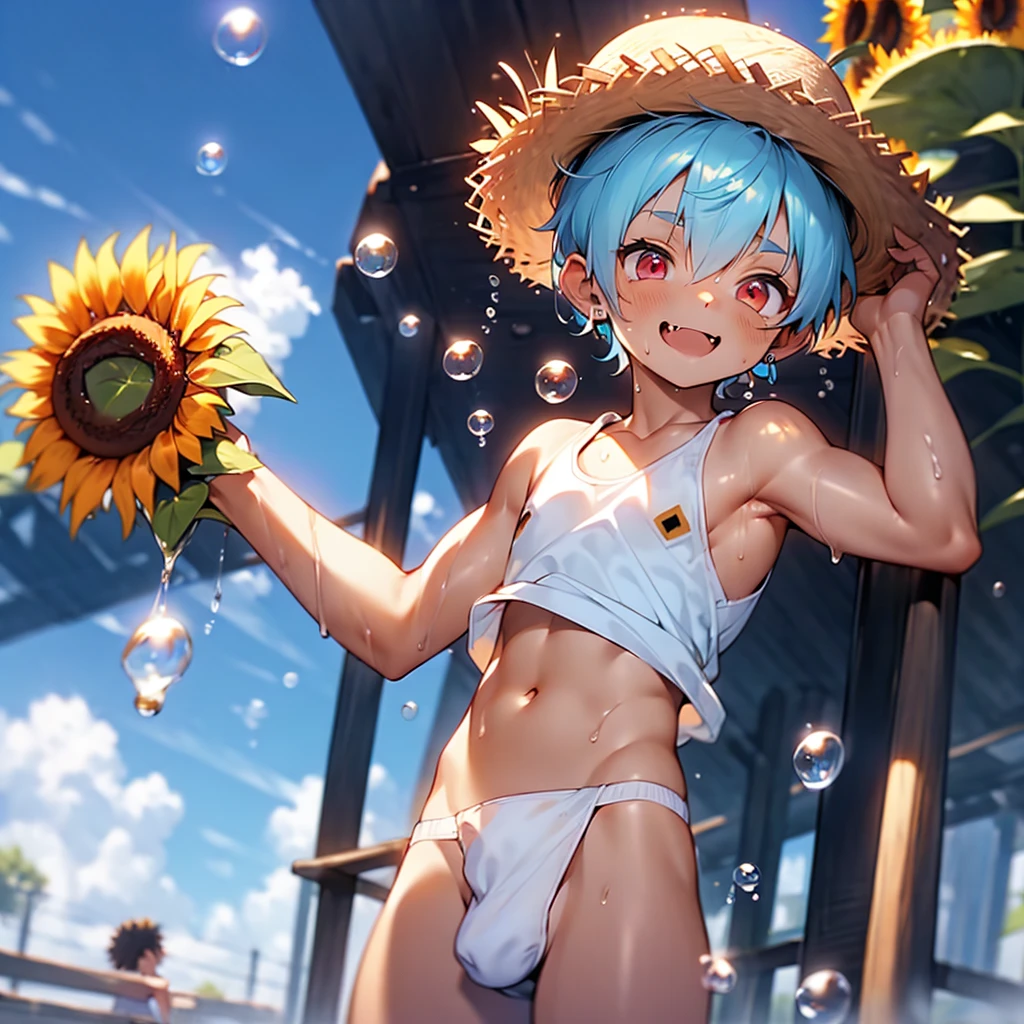 (boldline:-1.6), (raising arms:1.3), (arched back:1.3), ((bubble)), (standing:1.5), (((fang))), (((best finger))), BREAK (best quality:1.5), (absolutely resolution:1.5), (ultra detailed:1.5), (masterpiece:1.5), (perfect face:1.5), (detailed face:1.3), (detailed eyes:1.5), (best eyes:1.5), (cute face), (shota:1.7), BREAK (white tank top:1.5), BREAK (white loincloth:1.5), (straw hat:1.5), (see throgh wet clothes:1.5), (bulge:1.6), (skinny:1.3), (spiked hair), BREAK (light blue hair:1.5), (wine red eyes:1.4), (eyes with highlight:1.6), ((mole under eye)), (sweaty skin), (chuckling:1.5), (blush), ((earrings)), (shiny skin:1.3), BREAK (garden), (sunflower:1.5), (sunlight), ((wind blowing)), ((nipple)), abs, groin, water splashing,