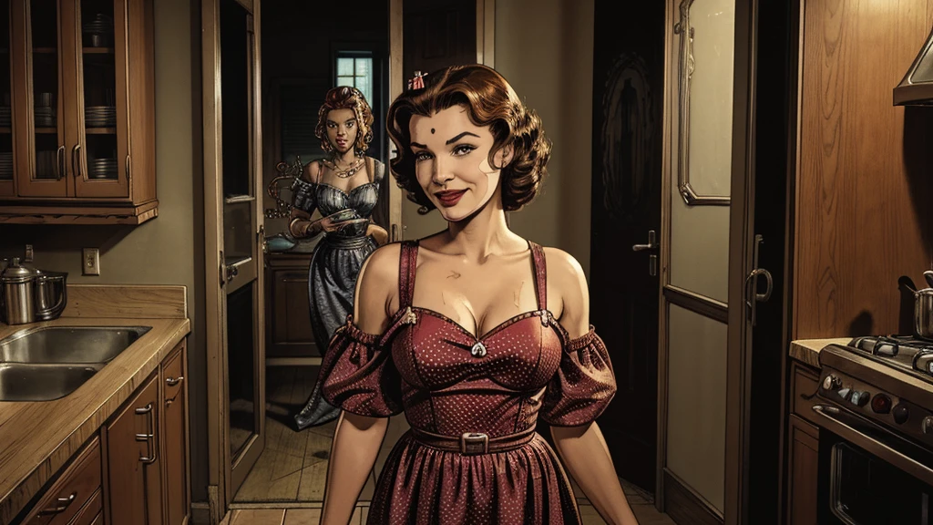 The vintage advertisement appears to celebrate 1950s domesticity at first glance. In the foreground, a smiling housewife poses holding a vintage vacuum, embodying the can-do attitude of the era's homemakers. She wears a classic polka-dot dress with a modest sweetheart neckline that hints at her shapely figure. Perfectly coiffed brunette curls frame her made-up face.
However, a closer look reveals a darker, sinister presence. Looming behind the housewife, visible through the open doorway of her cheerful kitchen, is the unmistakable form of a grotesque, multi-tentacled monster straight out of a sci-fi horror tale. Tentacled monster, tentacled monster, tentacled monster, tentacled monster.
The creature's putrid, gelatinous flesh seems to slough from its pulsating form, already staining the cheerful checkerboard tiles. Countless grotesque appendages whip through the air, knocking over cherry-red kitchen accessories. One deformed tentacle, lined with rows of serrated fangs, creeps ever closer to the oblivious housewife.
But the homemaker's plastic smile remains unwavering, her upbeat pose entirely at odds with the literal kitchen nightmare unfolding behind her. The vacuum she holds looks comically inadequate against the spawning abomination.
The bold text overlay reads: "With Maybelle's, Even Cosmic Horrors Are No Match for a Housewife's Gumption!" The tagline jarringly combines the idyllic 1950s household with a hint of schlocky, drive-in movie camp.
Blending the saccharine-sweet feminine ideals of the era with a full-blown sci-fi monster invasion, the advertisement presents a deliriously incongruous juxtaposition of prim domesticity and terrifying, tentacled chaos.