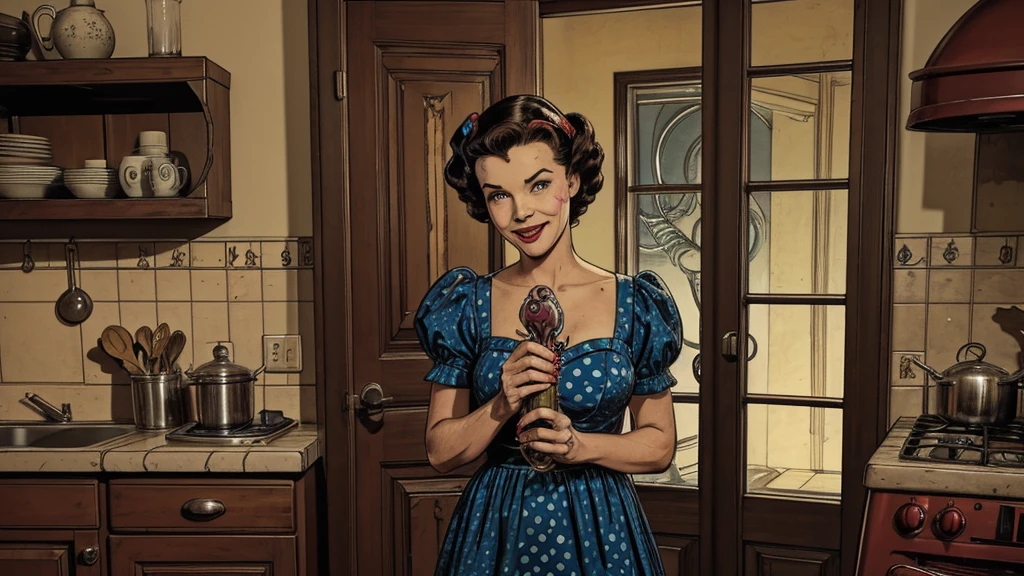 The vintage advertisement appears to celebrate 1950s domesticity at first glance. In the foreground, a smiling housewife poses holding a vintage vacuum, embodying the can-do attitude of the era's homemakers. She wears a classic polka-dot dress with a modest sweetheart neckline that hints at her shapely figure. Perfectly coiffed brunette curls frame her made-up face.
However, a closer look reveals a darker, sinister presence. Looming behind the housewife, visible through the open doorway of her cheerful kitchen, is the unmistakable form of a grotesque, multi-tentacled monster straight out of a sci-fi horror tale. Tentacled monster, tentacled monster, tentacled monster, tentacled monster.
The creature's putrid, gelatinous flesh seems to slough from its pulsating form, already staining the cheerful checkerboard tiles. Countless grotesque appendages whip through the air, knocking over cherry-red kitchen accessories. One deformed tentacle, lined with rows of serrated fangs, creeps ever closer to the oblivious housewife.
But the homemaker's plastic smile remains unwavering, her upbeat pose entirely at odds with the literal kitchen nightmare unfolding behind her. The vacuum she holds looks comically inadequate against the spawning abomination.
The bold text overlay reads: "With Maybelle's, Even Cosmic Horrors Are No Match for a Housewife's Gumption!" The tagline jarringly combines the idyllic 1950s household with a hint of schlocky, drive-in movie camp.
Blending the saccharine-sweet feminine ideals of the era with a full-blown sci-fi monster invasion, the advertisement presents a deliriously incongruous juxtaposition of prim domesticity and terrifying, tentacled chaos.