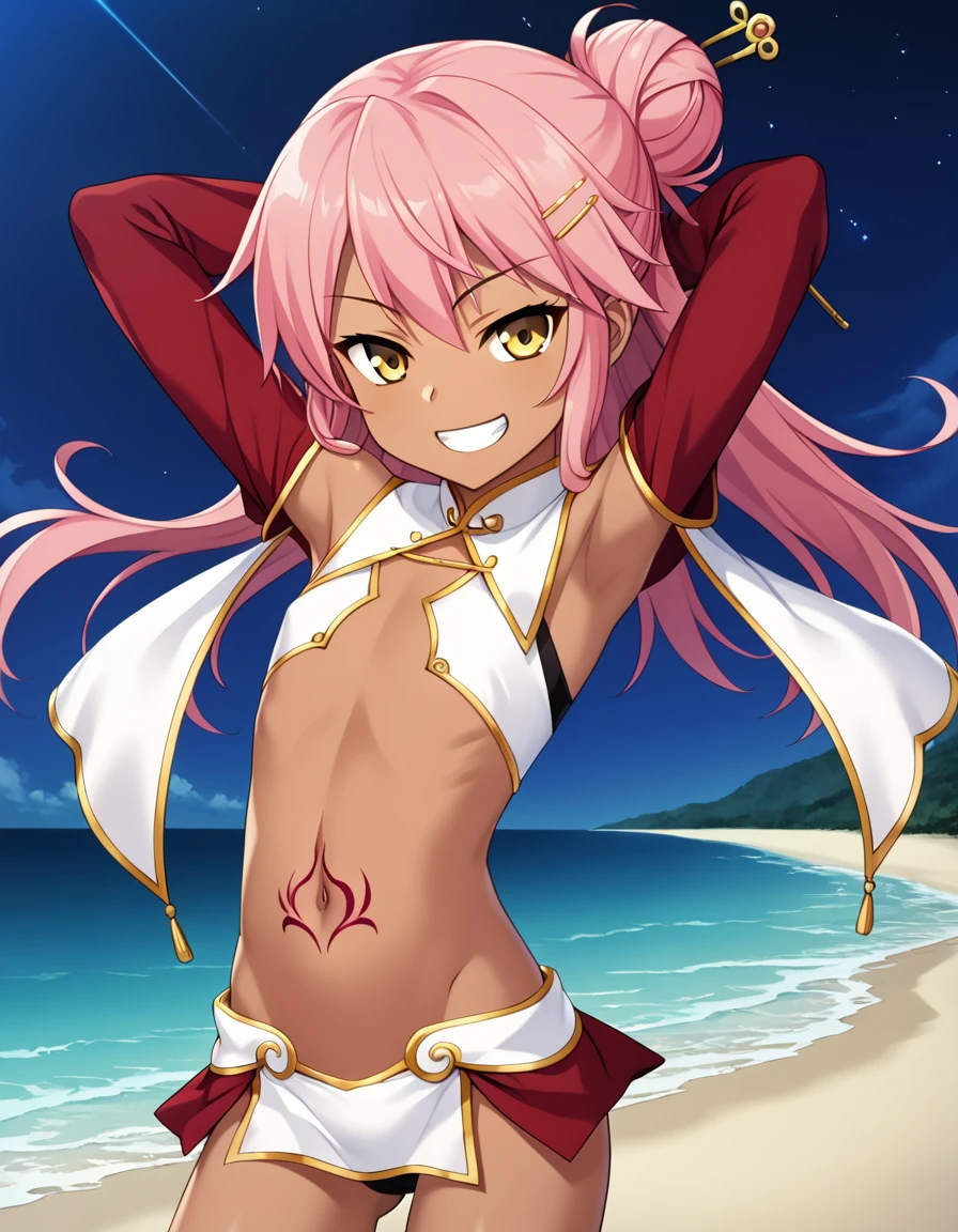 chloebase, pink hair, long hair, hair bun, hairpin, yellow eyes, dark skin, dark-skinned female, long sleeves, stomach tattoo, midriff, waist cape, 1girl, solo, younger, flat chest,
high quality, solo, night sky, beach, arms behind head, contrapposto, closed mouth, spread armpits, (cowboy shot:1.5), looking at viewer, grin, best quality, game cg, anime screencap, official art, masterpiece, best quality