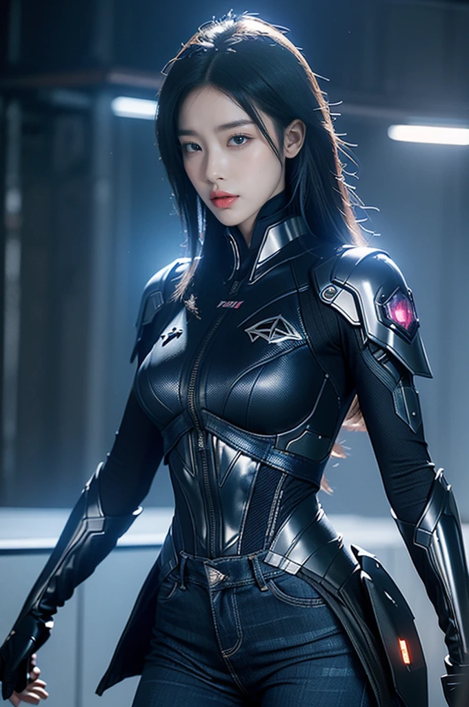 Game art, best image quality, highest resolution, 8,000, ((a bust)), (portrait), (rule of thirds), unreal engine 5 rendering works, (girls of the future), (women fighters), 22 year old hacker), (ancient oriental hair), (beautiful eyes full of detail), (large breasts), (eye shadow), elegant and charming, indifference, (frowns), (Combat suits with a futuristic sense of technology, this suit combines futuristic powered armor and, embellished with sparkly motifs and badges and dark blue skinny jeans), cyberpunk characters, futuristic style, lights, Ray Tracing, Game CG, ((3D Phantom Engine)), OC Render Reflection Mode,((Dark Blue Skinny Jeans))