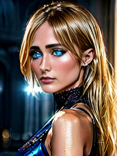 Rear view of Addison Timlin blonde hair blue eyes, perfect symmetrical body. hyper realist, cinematographic.