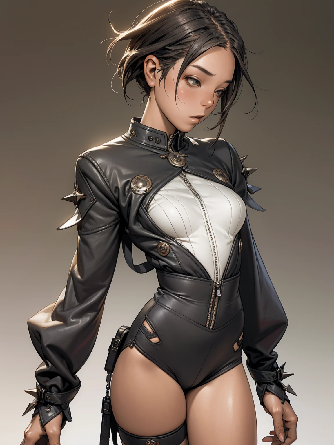 (((Annie Lennox))), ((( nano suit ))), (((bandaged arms))), (((MMA fighter OF THE FUTURE))), ((high collar)), (((Quorra))), (((best qualityer: 1.4))), (Unbeatable masterpiece), (hiper HD),(CG 8k hyper-realistic), (((brave face))), (((breasts big))), (((hyper feminine))), sexly girl,(black bob hair)), ((( sculptural body ))), (((1 Kizi))), Kizi cibernética de 25 anos com perfectbody,,Beautiful and well-groomed face,muscular body:1.2,solid color detailed jacket, (Head to thigh photos), Complex equipment, green dark,Long pants,Tight clothes are dark,With white stars and off-white stripes,,,,,Armor Metal Electronic Parts, Poison tattoos ) INFO, Kizi, (((standing alone))), pirralha violent, (((14歳))), sexly, pose de atitude, work of art, post-apocalypse, (((manga style))), bounty hunter, violent, Manic, the way you want, slenderbody, thin but strong, perfectbody, roupa moderna, advanced technology, neon, sleeves with vertical striped pattern, neutral background, (( cowboy shot )). intricate visual